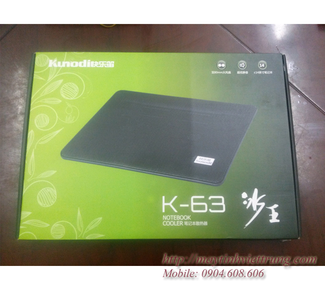Đế tản nhiệt laptop cao cấp Kunodi K-63 Đặc điểm nổi bật Đế tản nhiệt laptop cao cấp Kunodi K-63 Thiết kế tiện dụng, nguồn lấy trực tiếp từ cổng USB của máy. Hệ thống quạt hoạt động với 2 quạt thổi chắc chắn chạy cực khỏe và êm giúp laptop giải tỏa khí nóng mà không gây phiền toái cho người dùng. Đế cao có khả năng giúp laptop của bạn tránh được bụi, giúp tăng tuổi thọ laptop. Đế tản nhiệt 2 quạt lớn càng thép chắc chắn cho laptop - Đế tản nhiệt laptop cao cấp Kunodi K-63 sẽ giúp laptop thông thoáng mặt dưới và tạo luồng gió lưu thông nhiệt bề mặt dưới của laptop điều này sẽ giúp nhiệt độ bên trong máy tương đối ổn định giúp máy hoạt động tốt trong thời gian dài. Vận hành cực êm, nghiêng khoảng 15 độ so với mặt phẳng, càng thép giúp cố định vị trí của đế với mặt phẳng tốt hơn. Bề mặt đế tản nhiệt được làm bằng nhựa cứng cáp với kết cấu dạng lưới có hàng vạn lỗ thông khí li ti khép kín giúp laptop luôn bền đẹp, pin laptop sử dụng được lâu. Thông số kỹ thuật Đế tản nhiệt laptop cao cấp Kunodi K-63 Kích cỡ đế tản: 340 X 250 X 24mm Kích thước quạt: 80 X 80 X 15 mm Trọng lượng: 490g Kiểu tản nhiệt: Silent Điện áp: 4.5~ 5 VDC| 0.26~ 5%A Công suất: 1.8W Tốc độ quạt: 1600 vòng ( ~ 10% RPM) DE TAN NHIET LAPTOP CAO CAP KUNODI K-63, DE TAN NHIET 2 QUAT KUNODI K-63 GIA RE