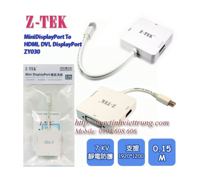 CỔNG CHUYỂN MINI DISPLAYPORT TO HDMI - DVI- DISPLAYPORT Z-TEK ZY030