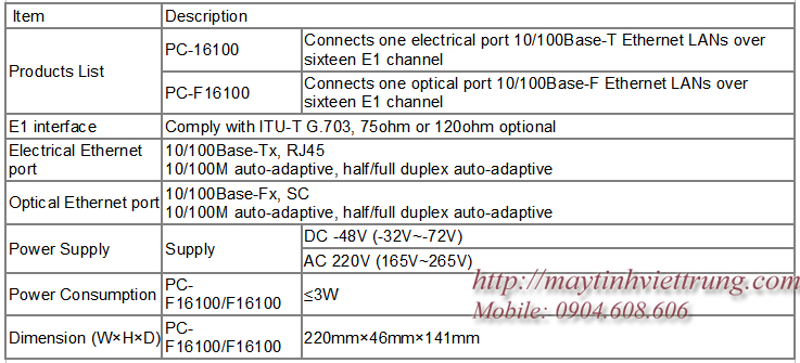 BO CHUYEN ETHERNET OVER 16 E1 CONVERTER PC-16100/F16100, CONVERTER PC-16100/F16100